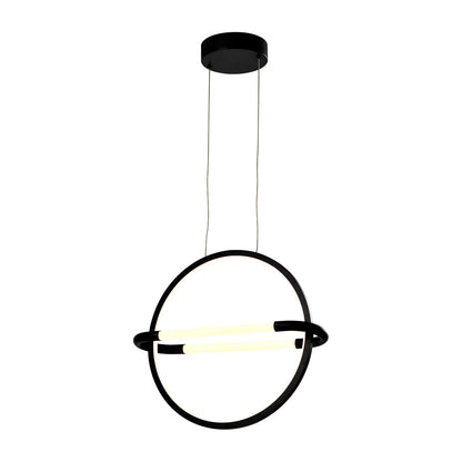 LED-Pendelleuchte im frontalen Blick, mattschwarzer Ringrahmen und Lichtleiste