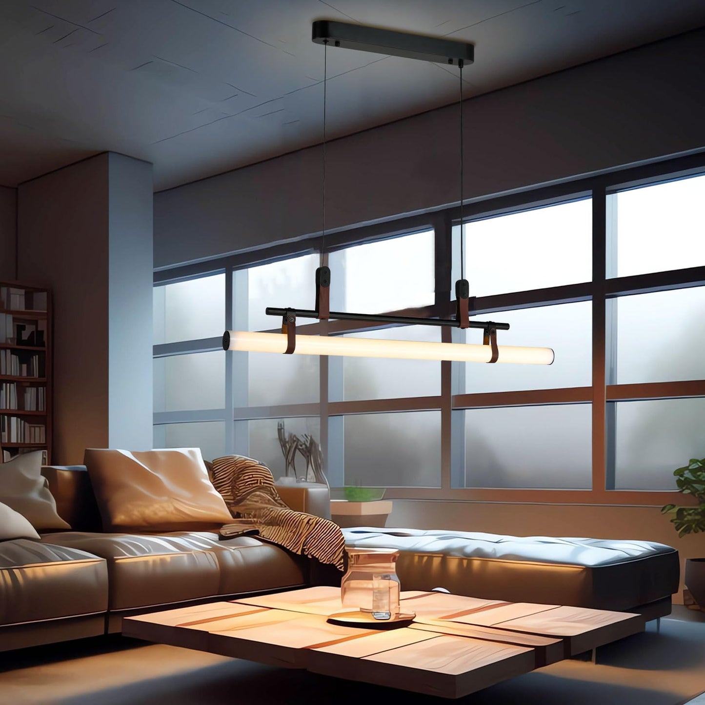 Pendelleuchte mit LED-Lichtbalken, schwarzem Metallgestell und braunen Lederlaschen