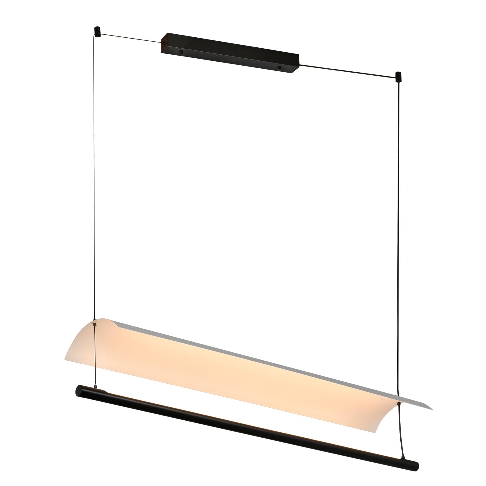 Pendelleuchte mit langem LED-Leuchtband, schwarzem Metallrahmen, warmweißem Licht