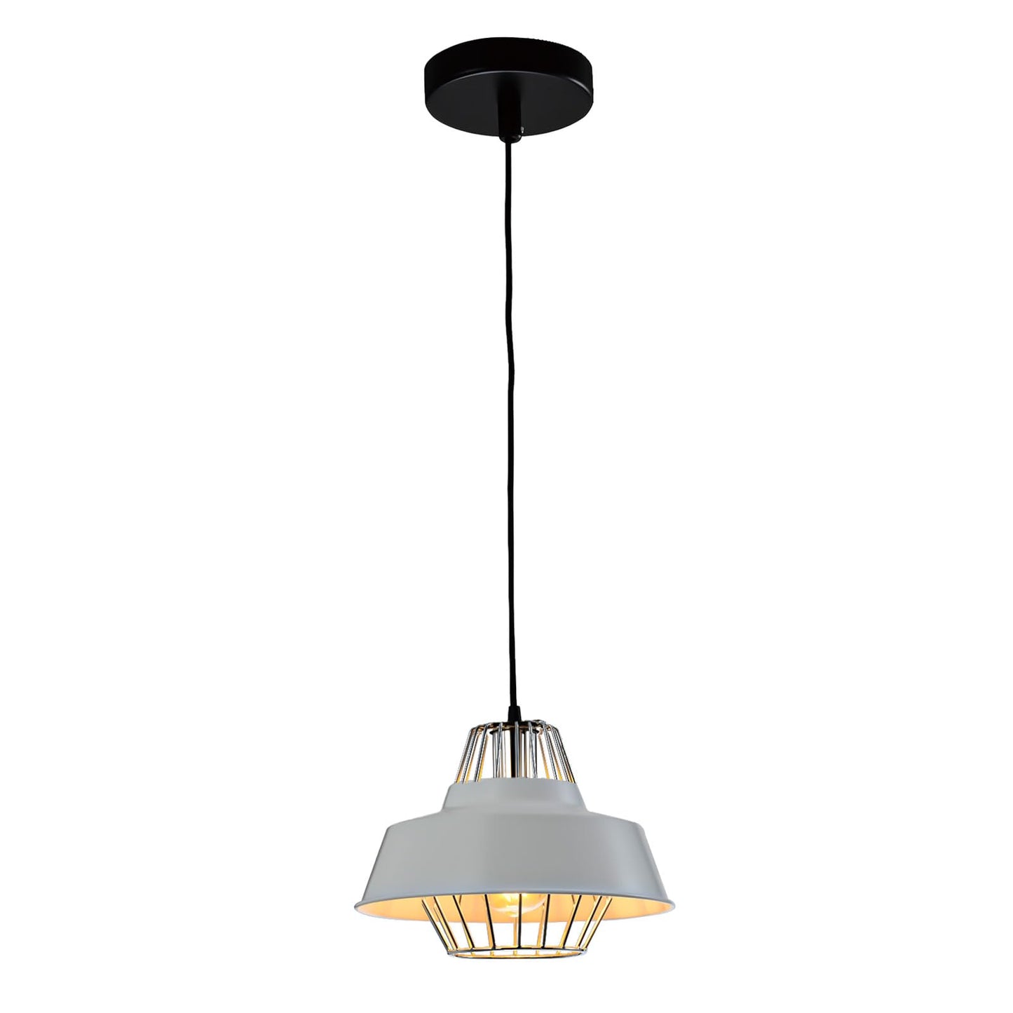 Pendelleuchte mit schwarzem Baldachin und grauem Metallschirm mit sichtbarer Glühbirne