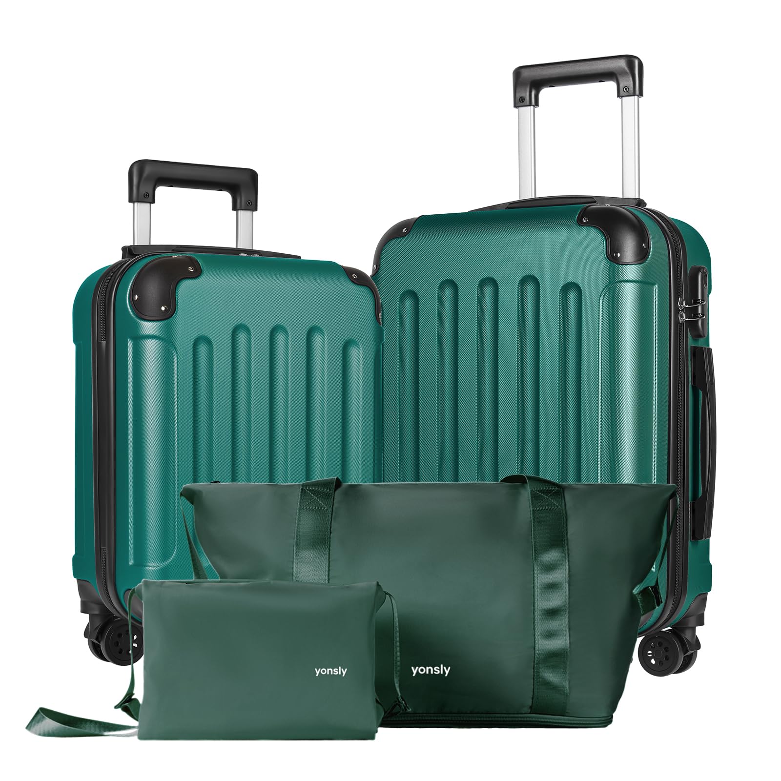 Reisekoffer-Set mit Hartschale und Anbautaschen, Trolley mit 4 Rollen, Dunkelgrün