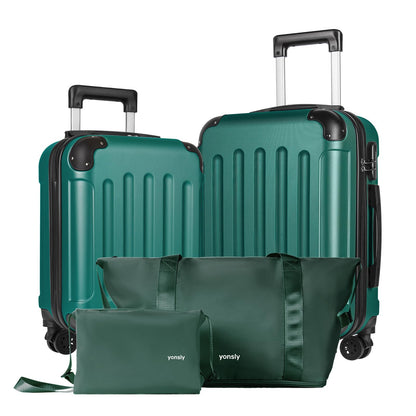 Reisekoffer-Set mit Hartschale und Anbautaschen, Trolley mit 4 Rollen, Dunkelgrün
