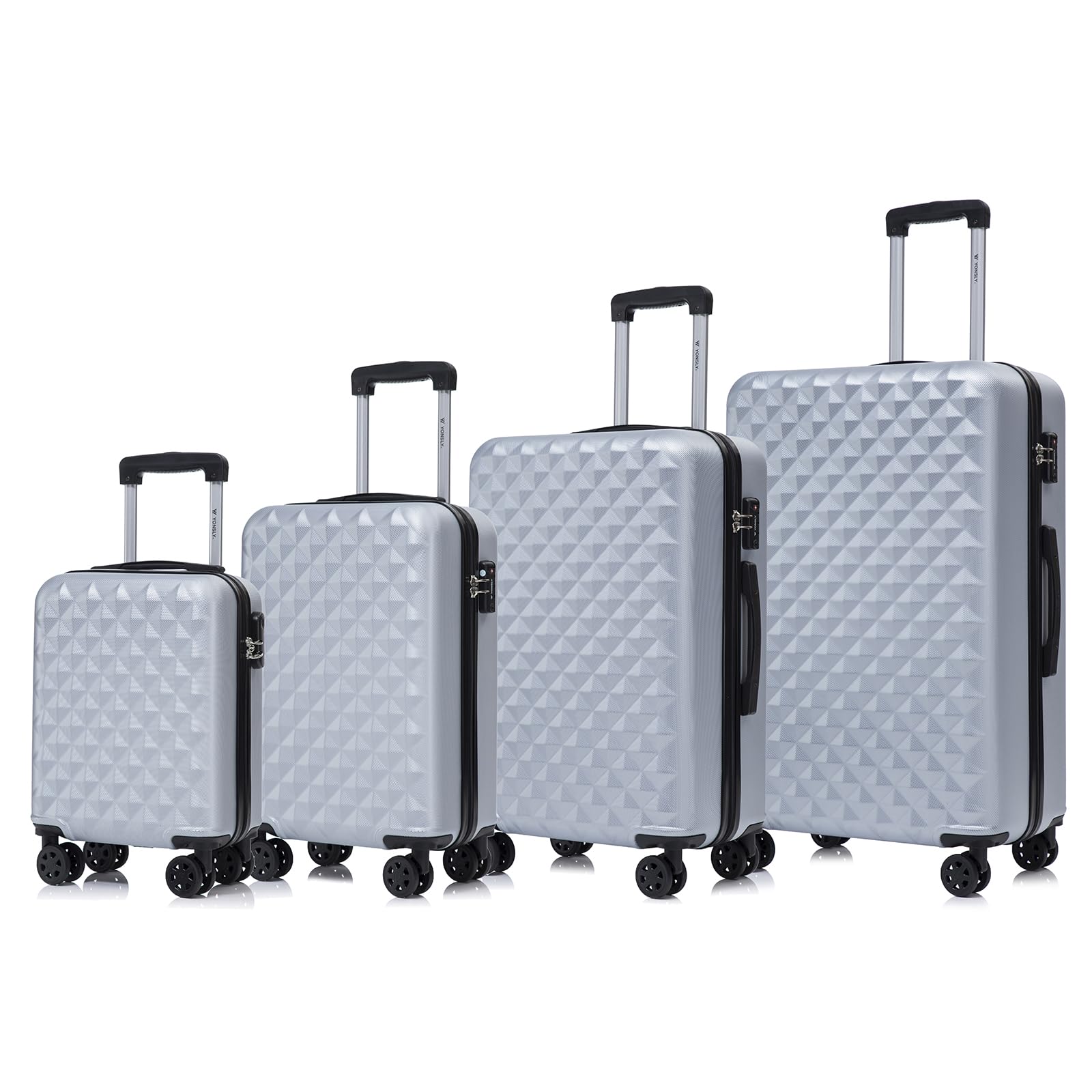 Hartschalenkoffer-Set mit 4 Rollen, silbergrau und schwarzem Rahmen, 4 Größen