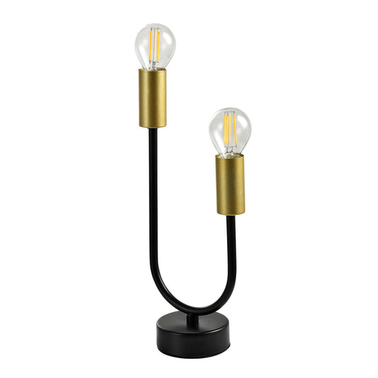 Zweiflammige Tischlampe, schwarze gebogene Stangen mit goldfarbenen Lampensockeln