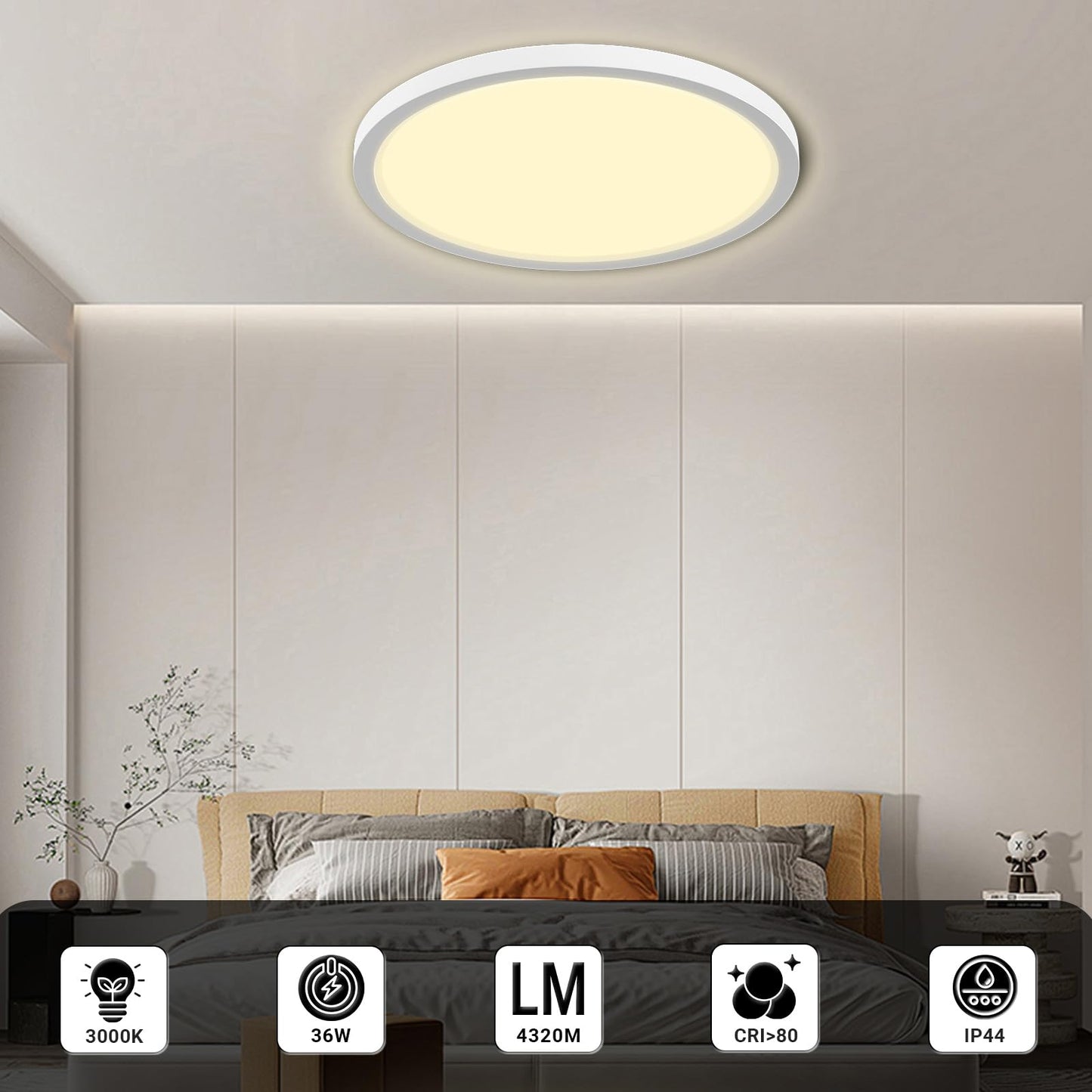 Flache runde LED-Deckenleuchte mit warmweißem Licht im Deckenring