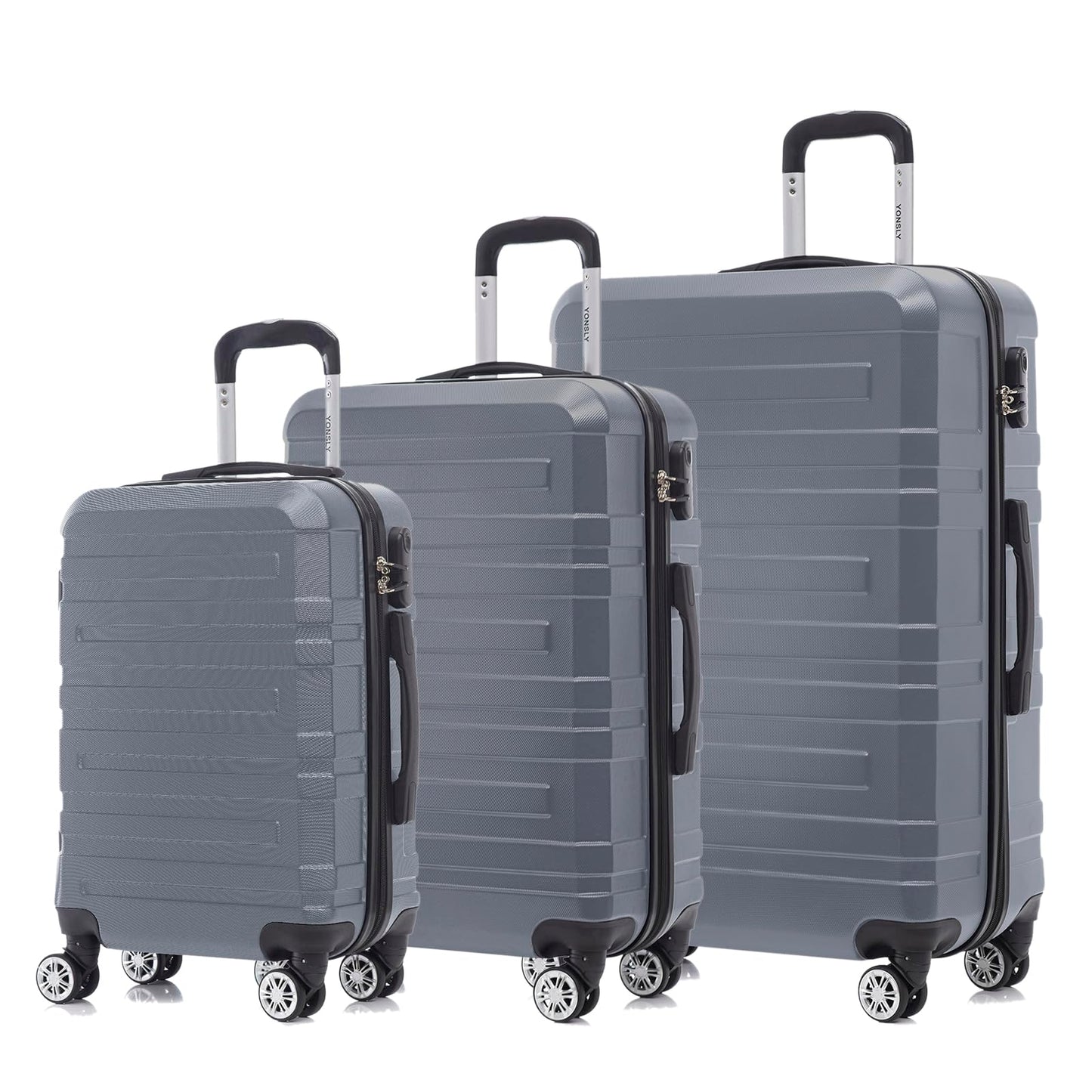 Hartschalen-Reisekofferset in Silber/Grau, 4 Rollen, Trolleygriff, 3er-Set