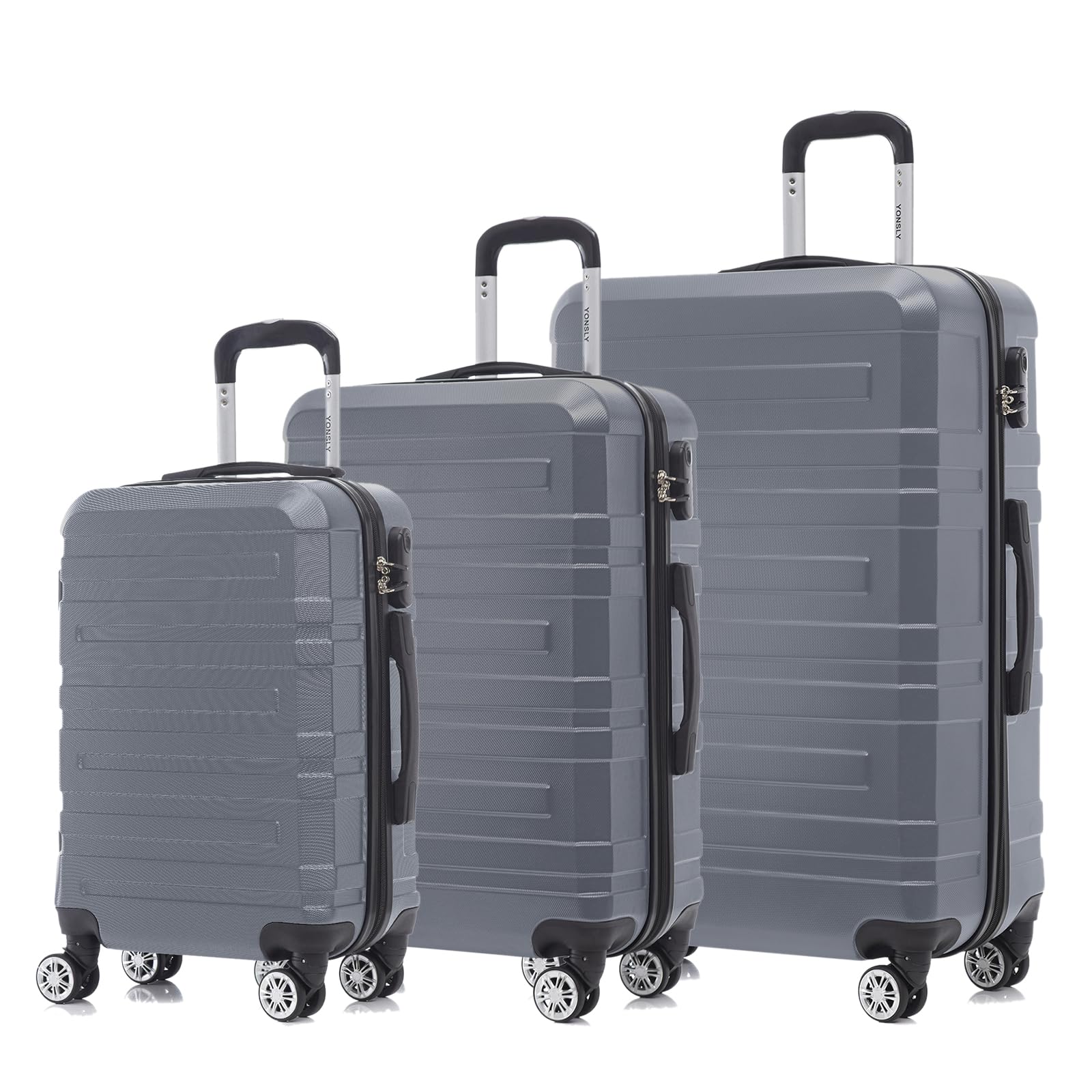 Hartschalen-Reisekofferset in Silber/Grau, 4 Rollen, Trolleygriff, 3er-Set