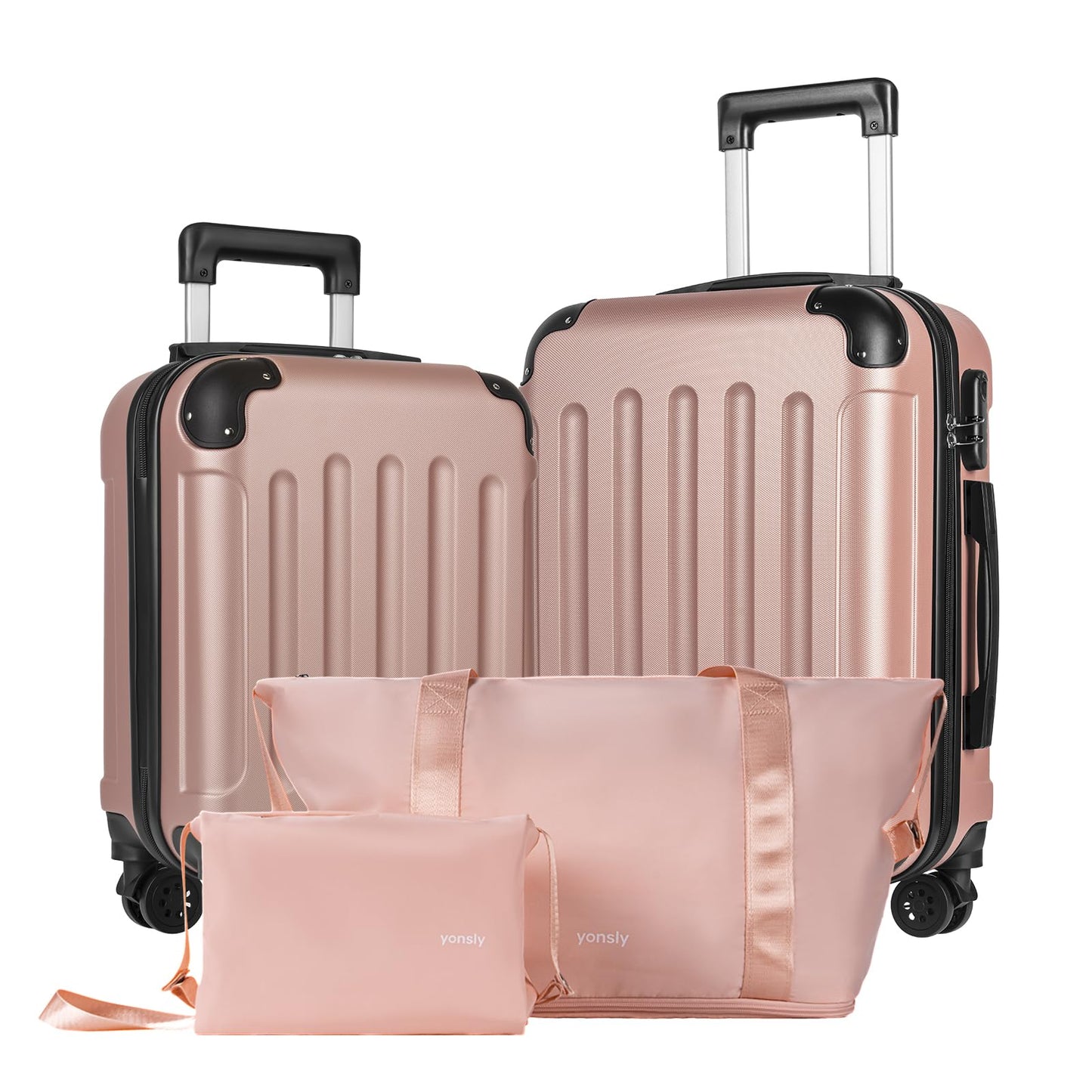Reisekoffer-Set mit Hartschale und Anbautaschen, Trolley mit 4 Rollen, Roségold