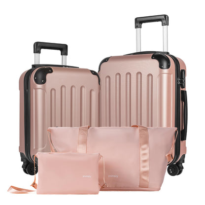 Reisekoffer-Set mit Hartschale und Anbautaschen, Trolley mit 4 Rollen, Roségold