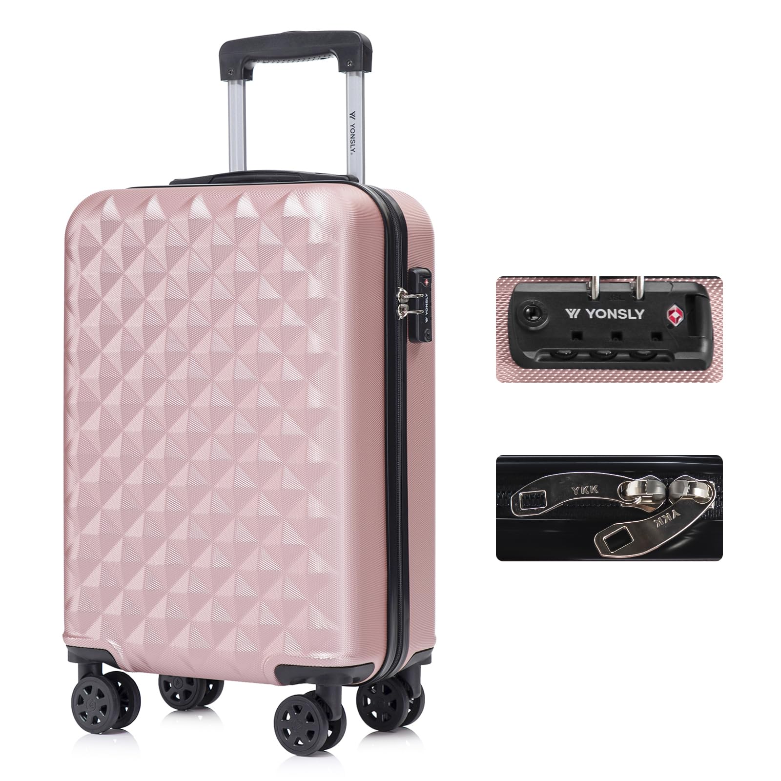 Rosafarbener Hartschalen-Reisekoffer mit diagonaler Prägung, 4 Rollen und Teleskopgriff