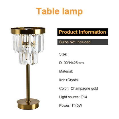 Kristall-Tischlampe mit goldfarbenem Sockel und zylindrischem Schirm mit klaren Kristallhängen
