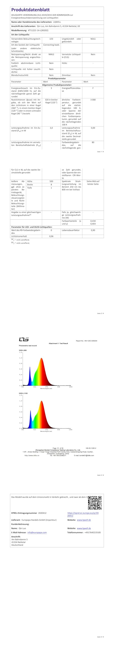 Produktdatenblatt mit Tabellen und Diagramm zur LED-Tischlampe, QR-Code