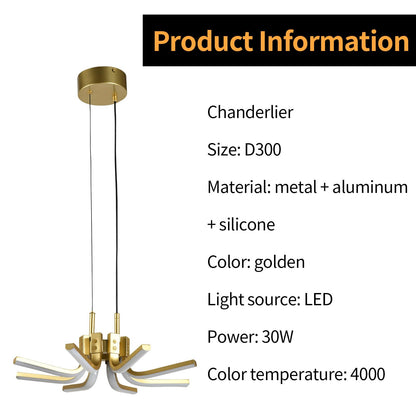 LED-Kronleuchter mit goldfarbenem Fassungsteil, mehreren Armen und weißen Diffusoren