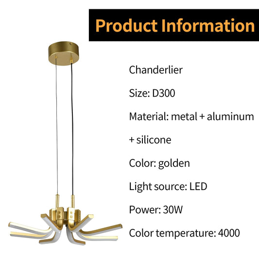 LED-Kronleuchter mit goldfarbenem Fassungsteil, mehreren Armen und weißen Diffusoren