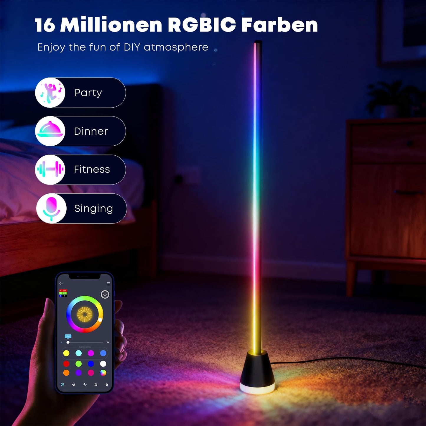 RGBIC-LED-Stehlampe mit leuchtendem Lichtstab und schwarzem Sockel, farbiger Lichtschein am Boden