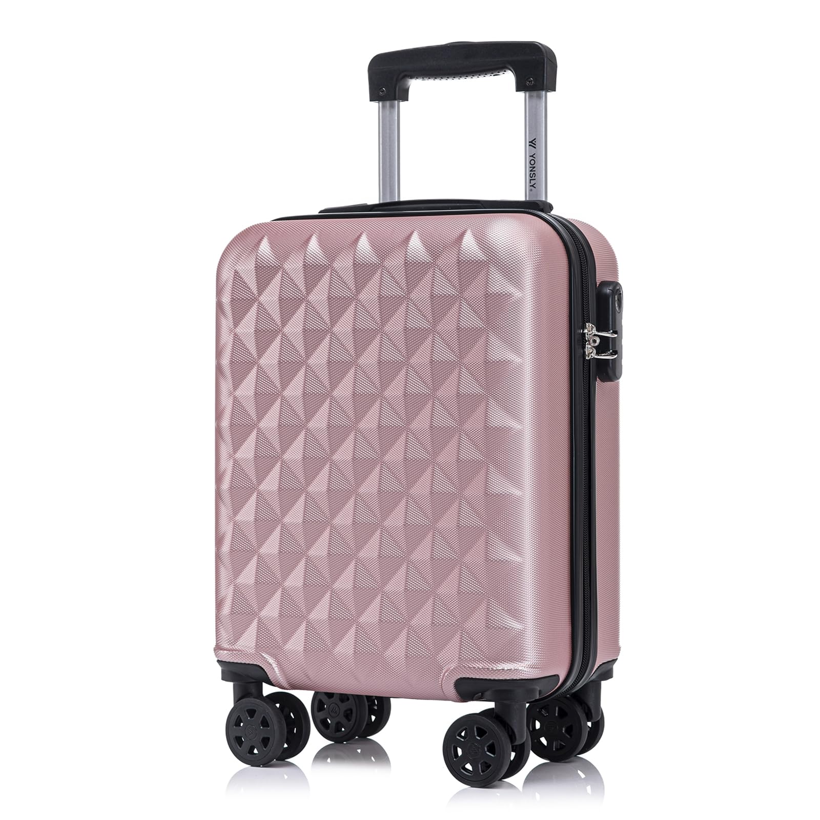 Kabinenkoffer aus Hartschale, Roségold mit Dreiecks-Relief, Trolleygriff, 4 Rollen, Zahlenschloss