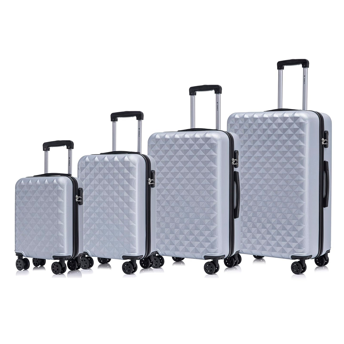 4-teiliges Koffer-Set in Hellgrau mit Hartschale, Zahlenschloss, Teleskopgriff und Rollen.