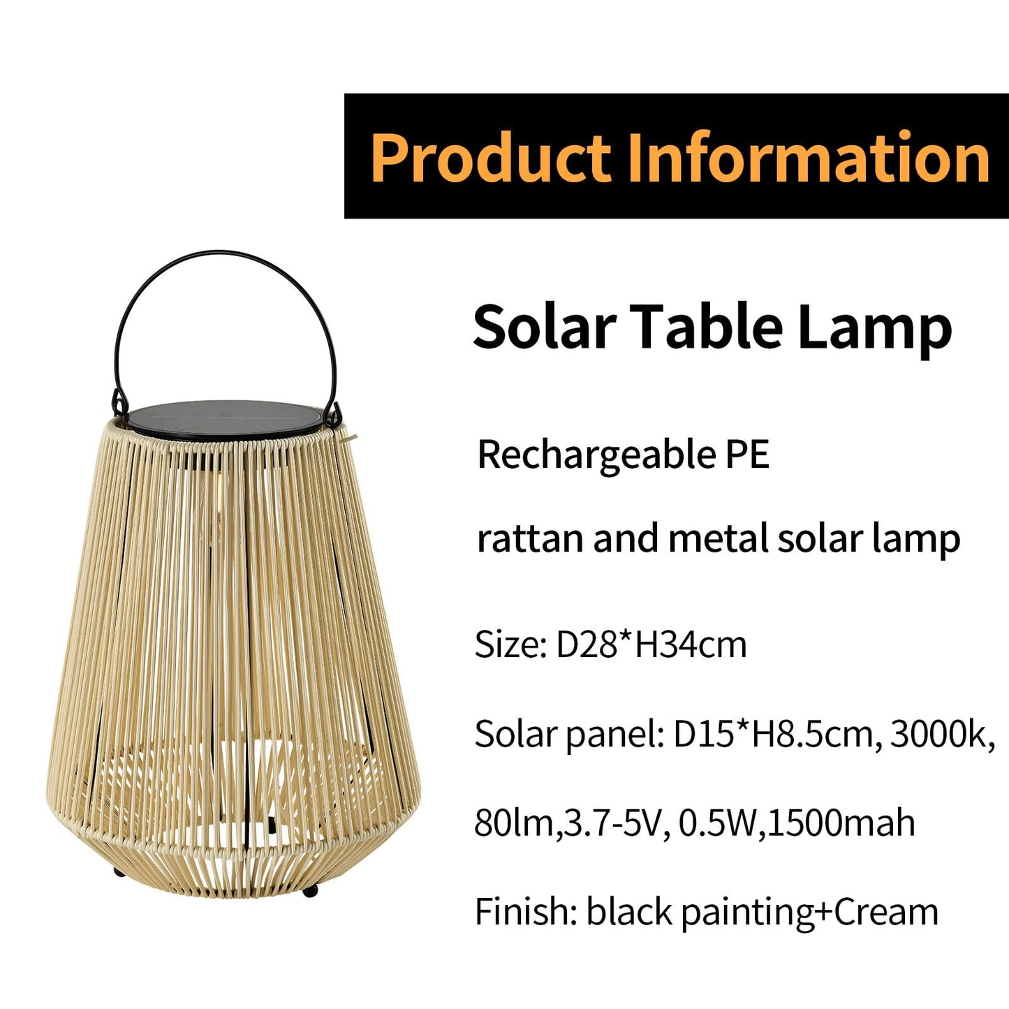 Solarlaterne mit Tragegriff und Rattan-Lampenschirm, warmes Innenlicht