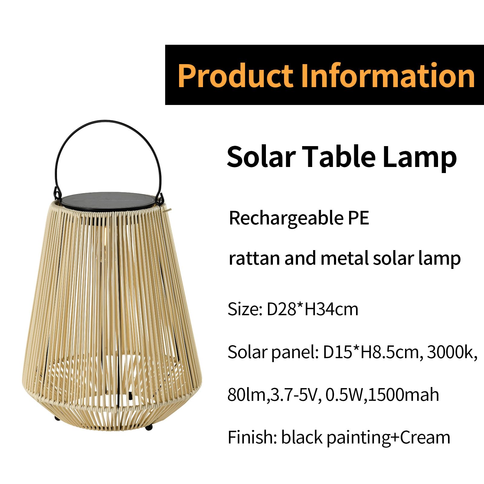 Solarlaterne mit Tragegriff und Rattan-Lampenschirm, warmes Innenlicht