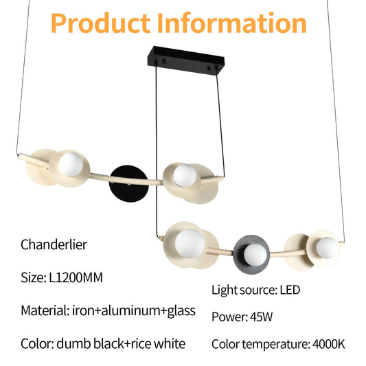 LED-Kronleuchter mit rechteckiger Deckenplatte, schwarzen Metallringen und weißen Glaskugeln