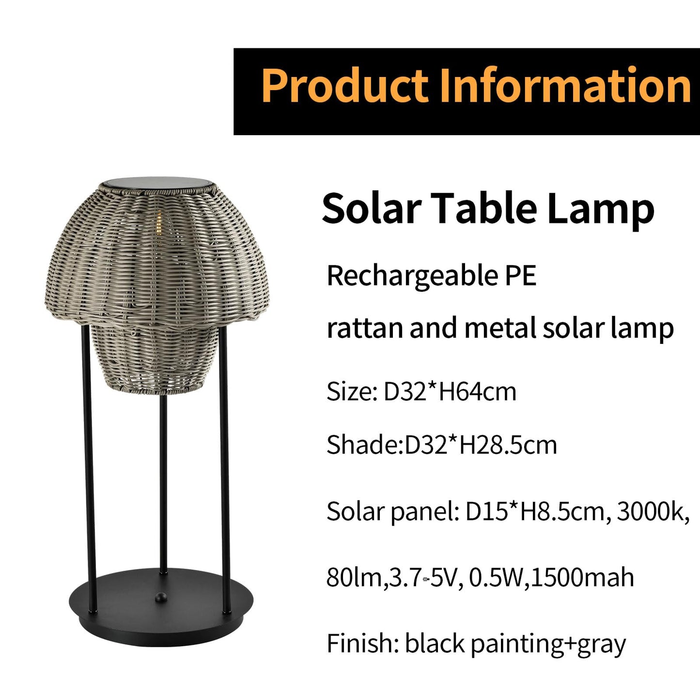 Solartischlampe mit Rattanschirm, zwei schwarzen Beinen und warmem Leuchtlicht