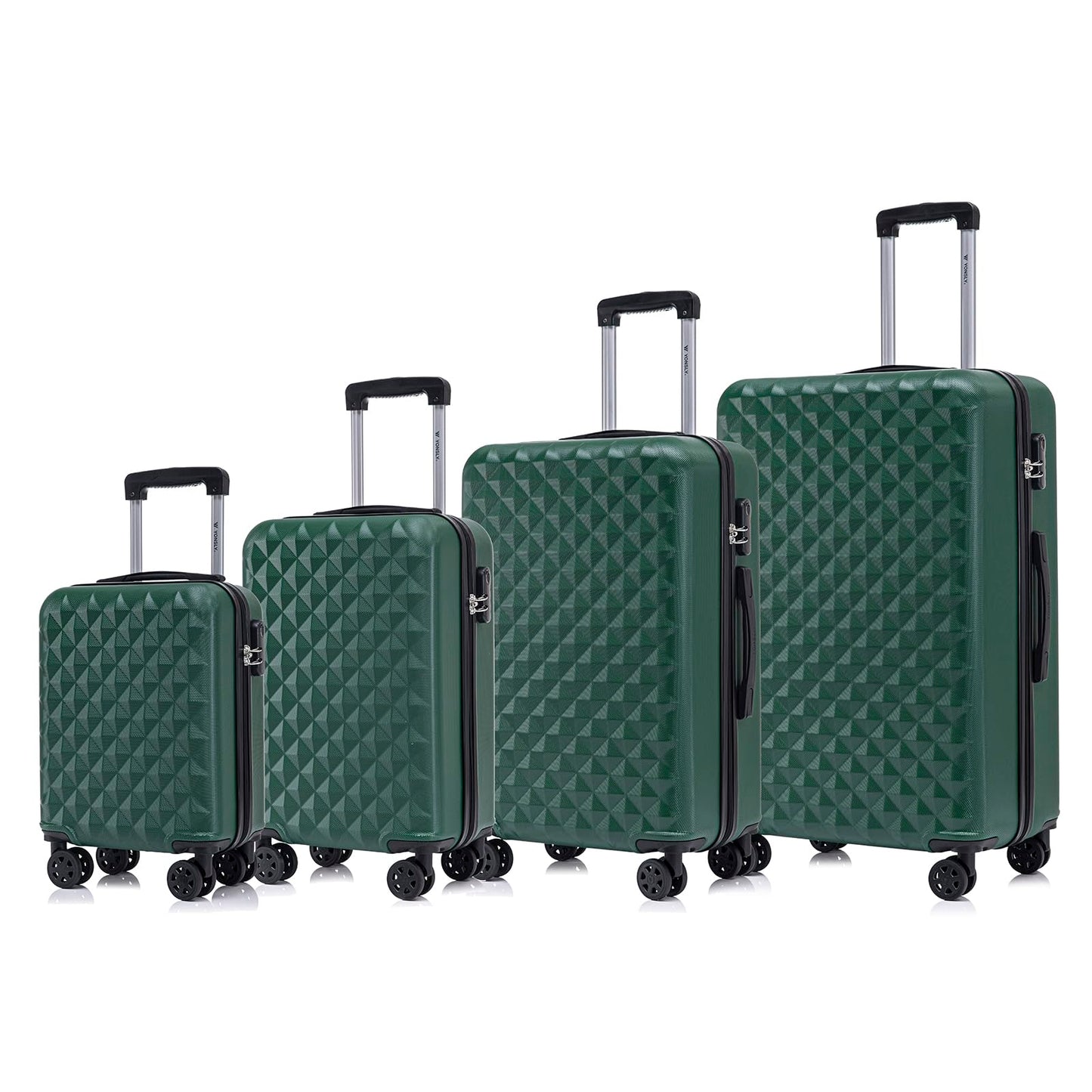 4-teiliges Koffer-Set in Dunkelgrün mit Hartschale, Zahlenschloss, Teleskopgriff und Rollen.