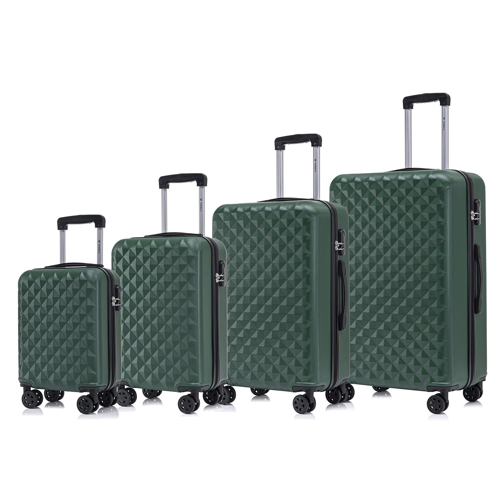 4-teiliges Koffer-Set in Dunkelgrün mit Hartschale, Zahlenschloss, Teleskopgriff und Rollen.