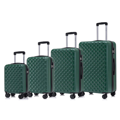 4-teiliges Koffer-Set in Dunkelgrün mit Hartschale, Zahlenschloss, Teleskopgriff und Rollen.