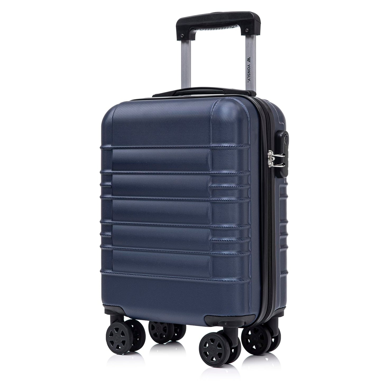 Kabinenkoffer mit Hartschale, dunkelblau, Frontansicht mit Trolleygriff und 4 Rollen