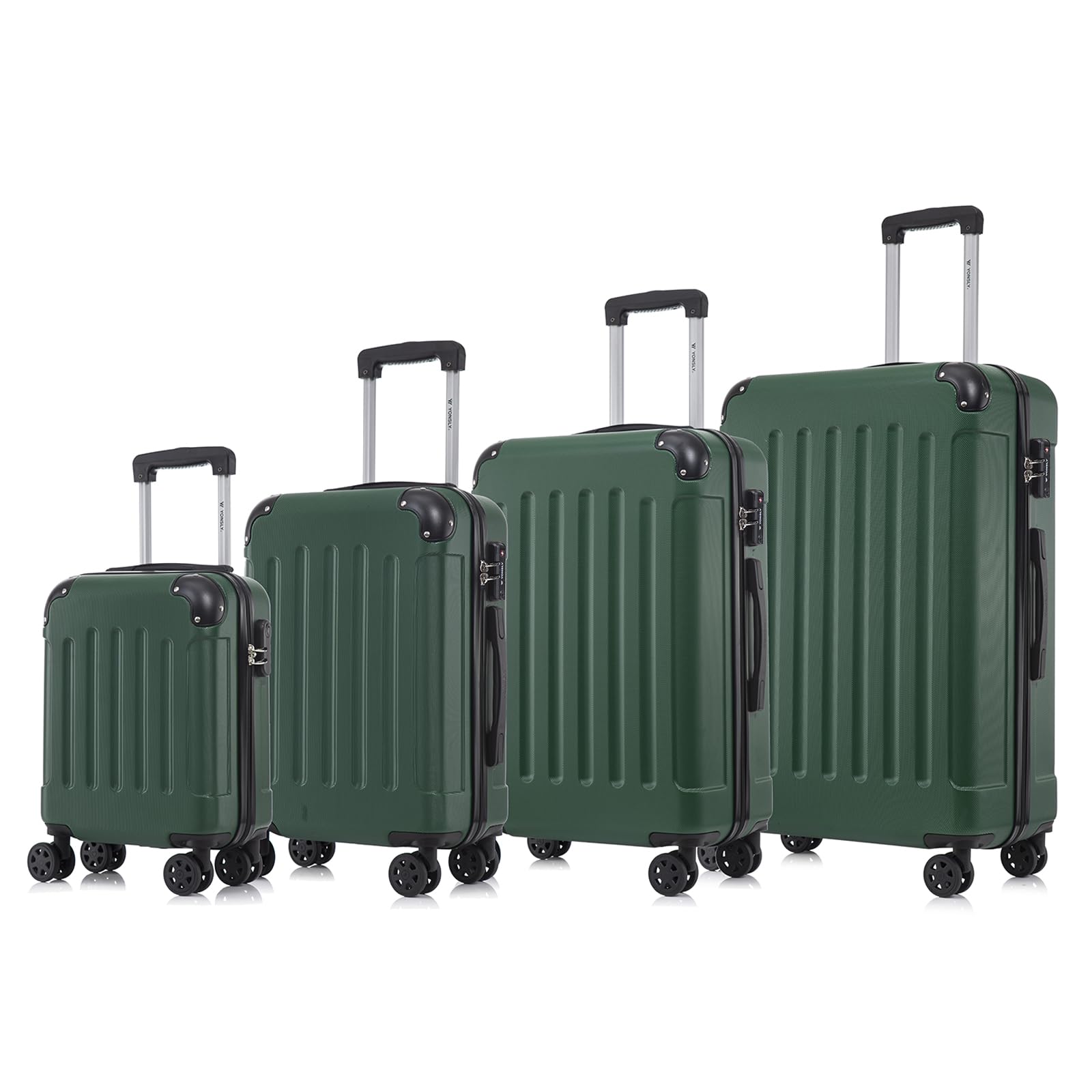 Hartschalen-Reisekoffer-Set (dunkelgrün) mit Teleskopgriff und 4 Rollen, vier Größen