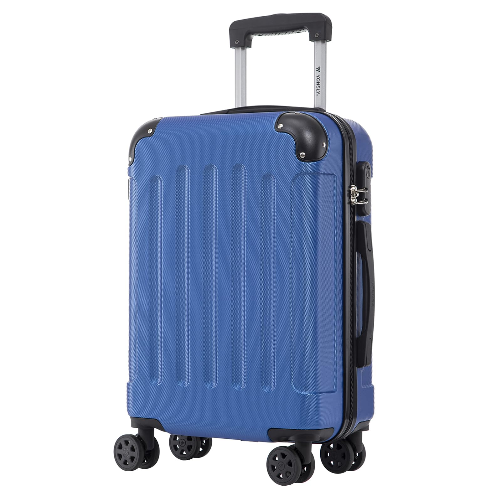 Hartschalen-Reisekoffer in Saphirblau mit 4 Rollen und seitlichem Griff, geschlossen.