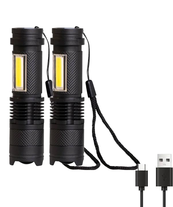 Mini-Taschenlampen-Set: 2 schwarze LED-Taschenlampen mit Trageschnur und USB-Ladekabeln