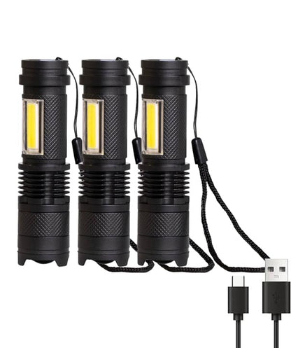Mini-Taschenlampen-Set: 3 schwarze LED-Taschenlampen mit Trageschnur und USB-Ladekabeln