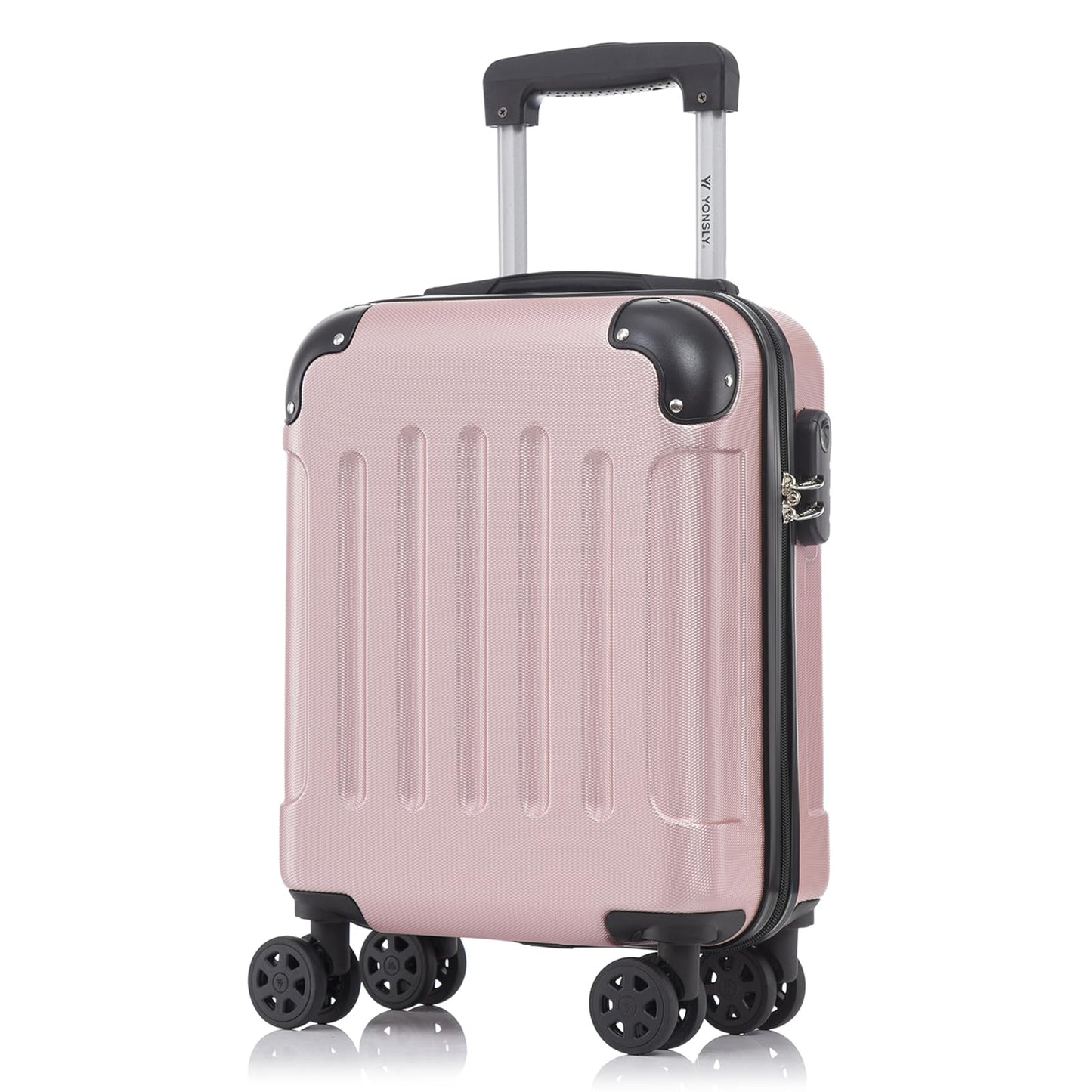 YONSLY® Rollkoffer mit 4 Rollen, rosafarbene ABS-Hartschale und Seitenansicht mit Schloss