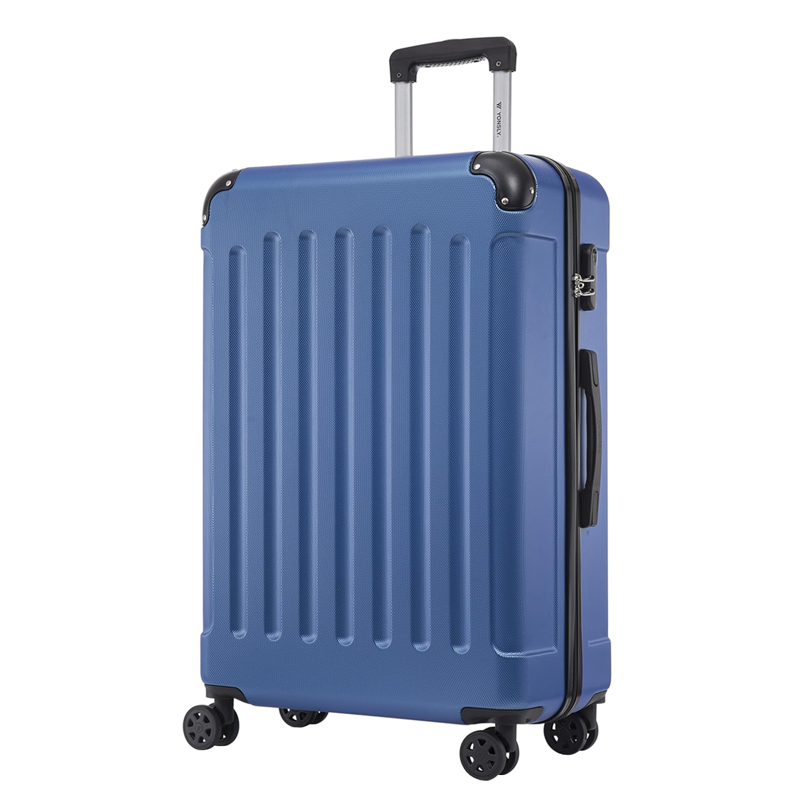 Hartschalen-Reisekoffer in Saphirblau von hinten mit 4 Rollen und Teleskopgriff.