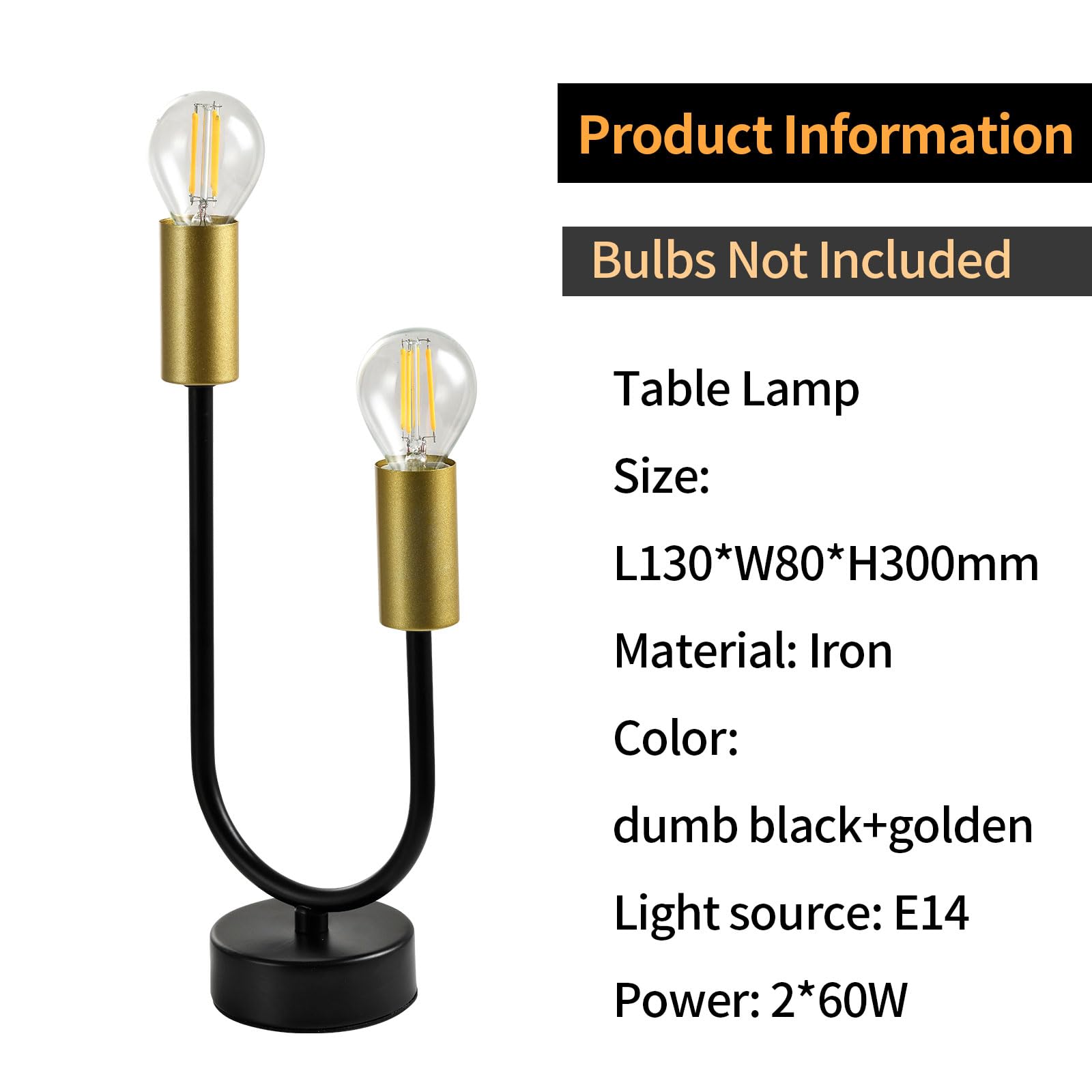 Zweiflammige Tischlampe mit zwei goldfarbenen Fassungen und schwarzer Standbasis