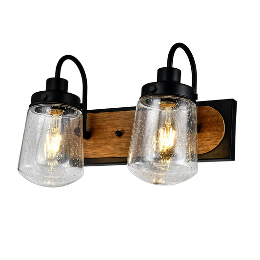 Wandleuchte mit zwei Glas-Lampen, mattschwarzer Halterung und Holzrückplatte