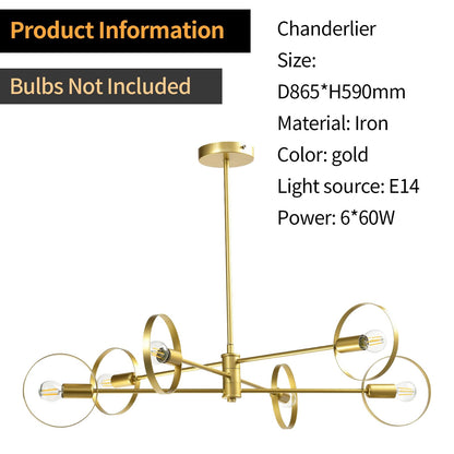 Goldener Kronleuchter mit langem Mittelstab und sechs Lichtpunkten aus Metall