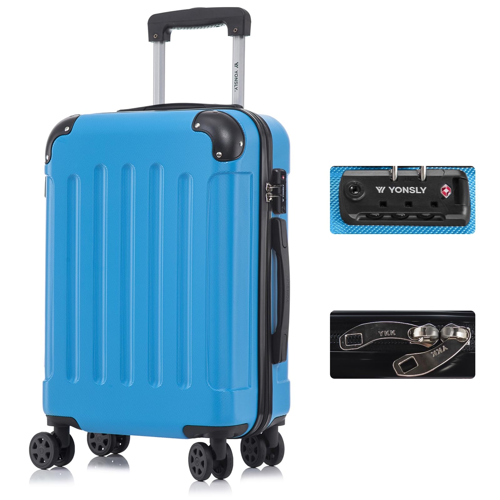 YONSLY® Hartschalen-Kabinentrolley, saphirblau, TSA-Schloss, 4 Rollen, YKK-Reißverschluss