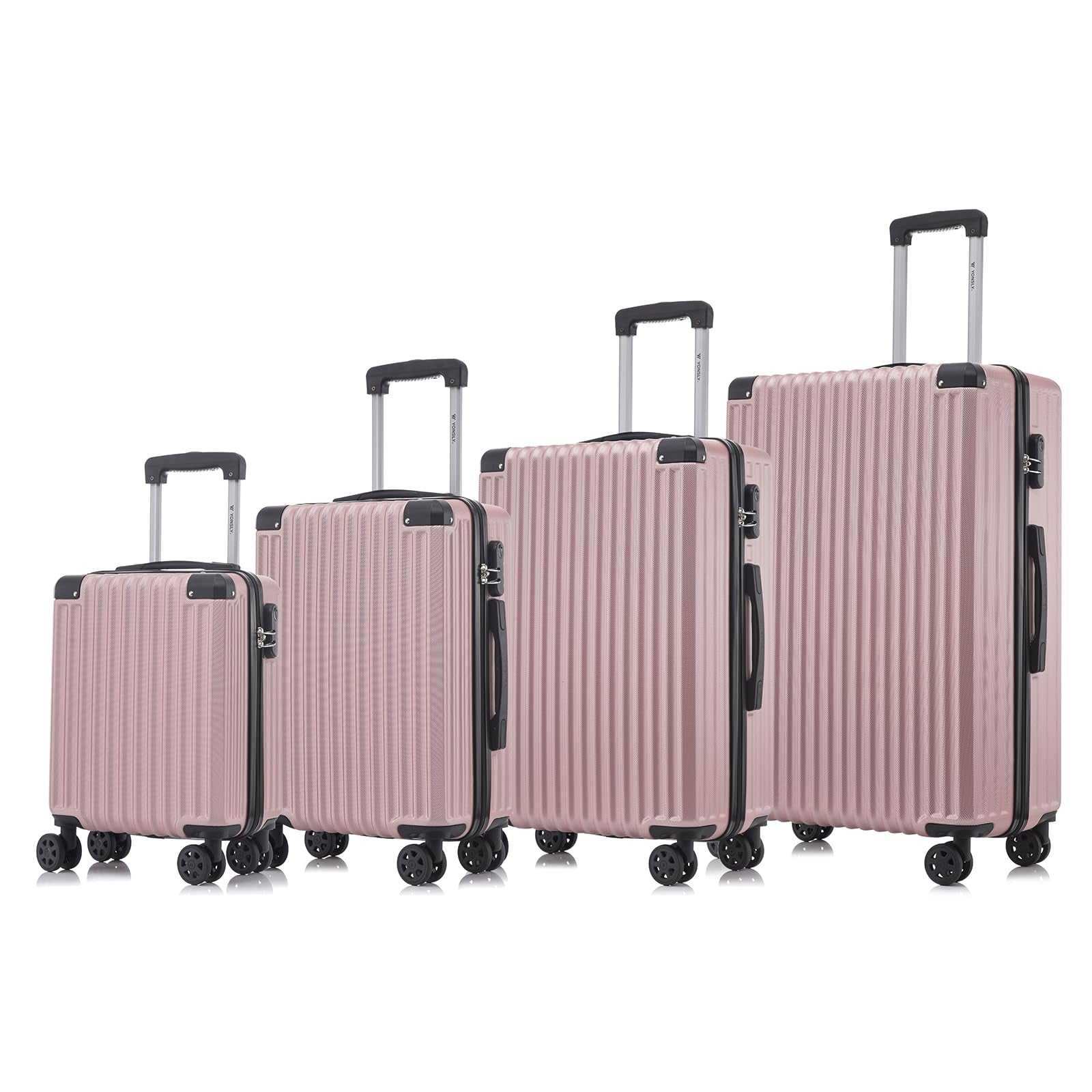 YONSLY® Kofferset mit 4 Rollkoffern, Hartschale, 360°-Rollen, Zahlenschloss, roségold