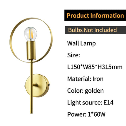Goldene Wandleuchte mit kreisförmigem Metallring und E14-Glühbirnenhalterung