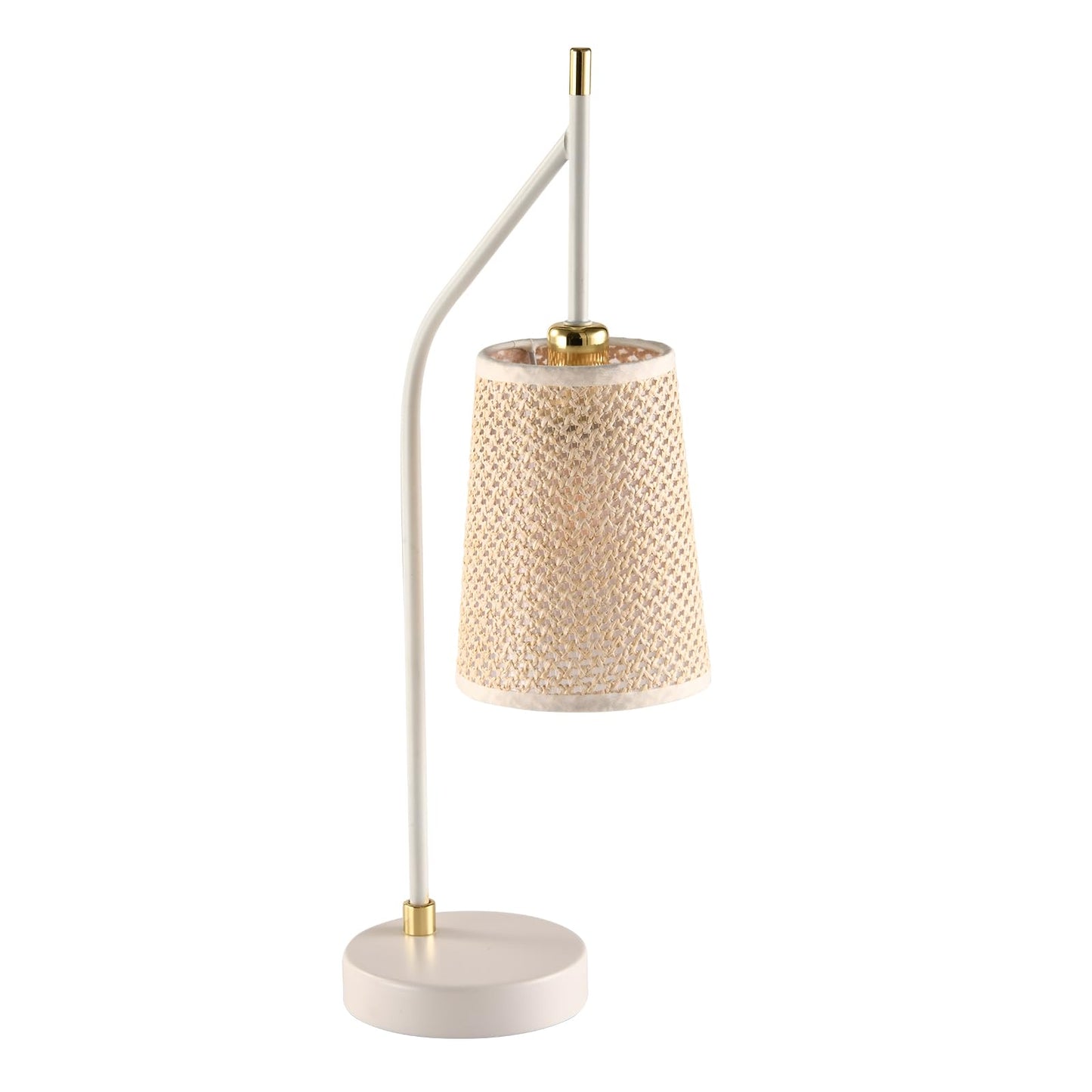 LQWELL® Retro Tischlampe mit beigem Stoffschirm, weißem Ständer und goldfarbenen Details