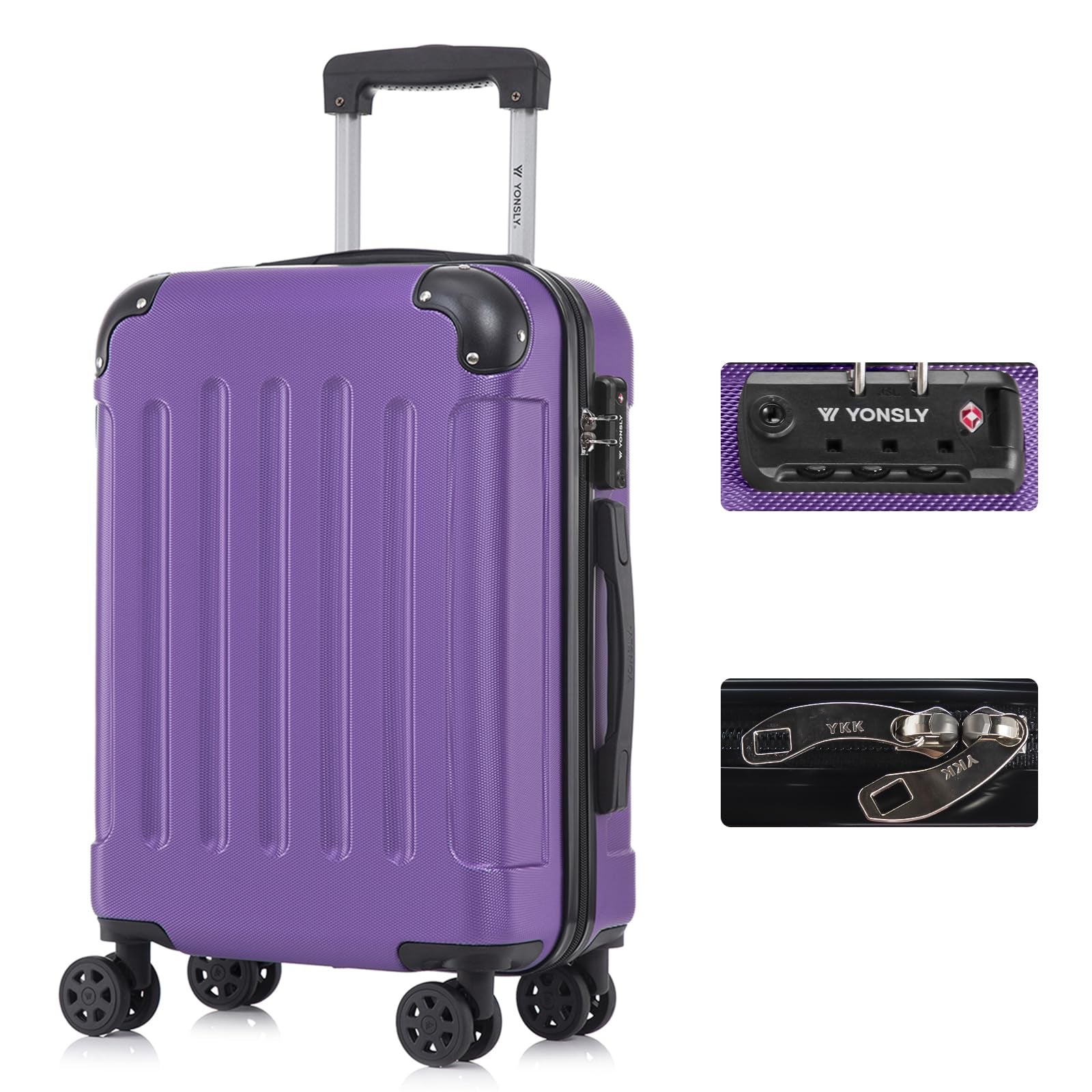 YONSLY® Hartschalen-Kabinentrolley, lila, TSA-Schloss, 4 Rollen, YKK-Reißverschluss