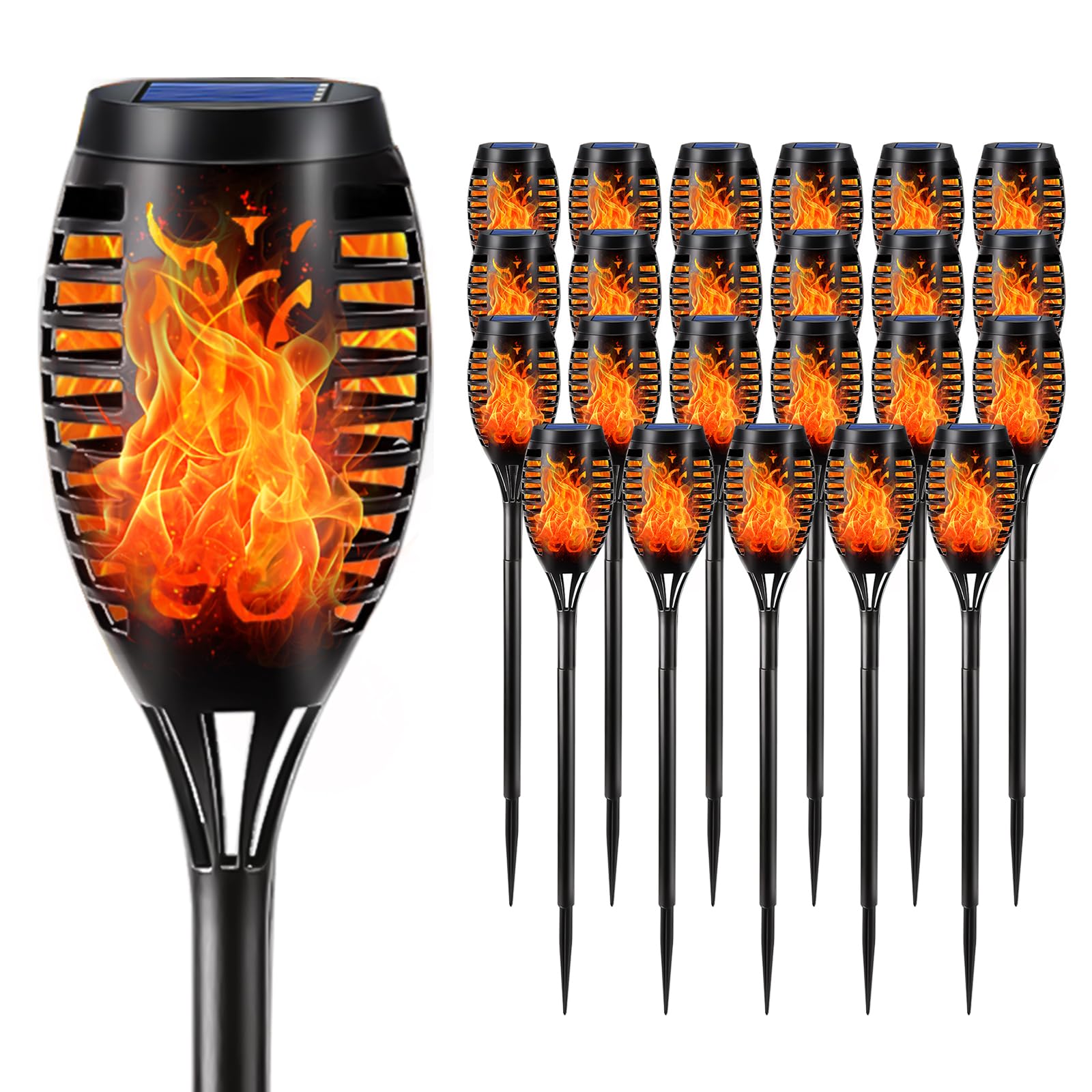 Solar-Fackellicht-Set mit Flammeneffekt, schwarze Stehleuchten mit Glasflamme