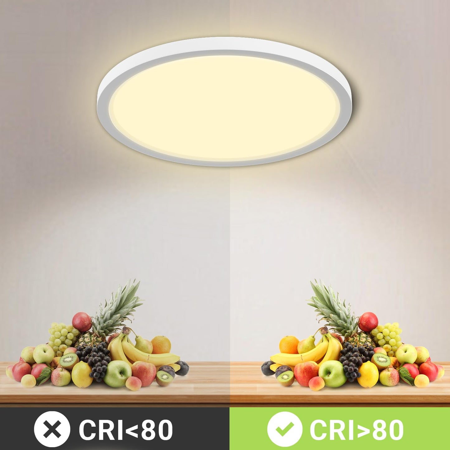 Runde LED-Deckenleuchte mit flachem Rand und warmweiß leuchtender Scheibe
