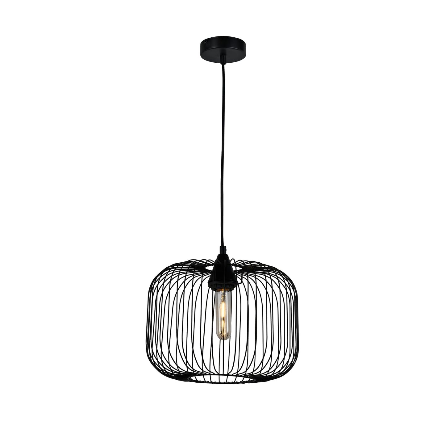 Hängeleuchte mit schwarzem Drahtkäfig und sichtbarer E27-Lampe