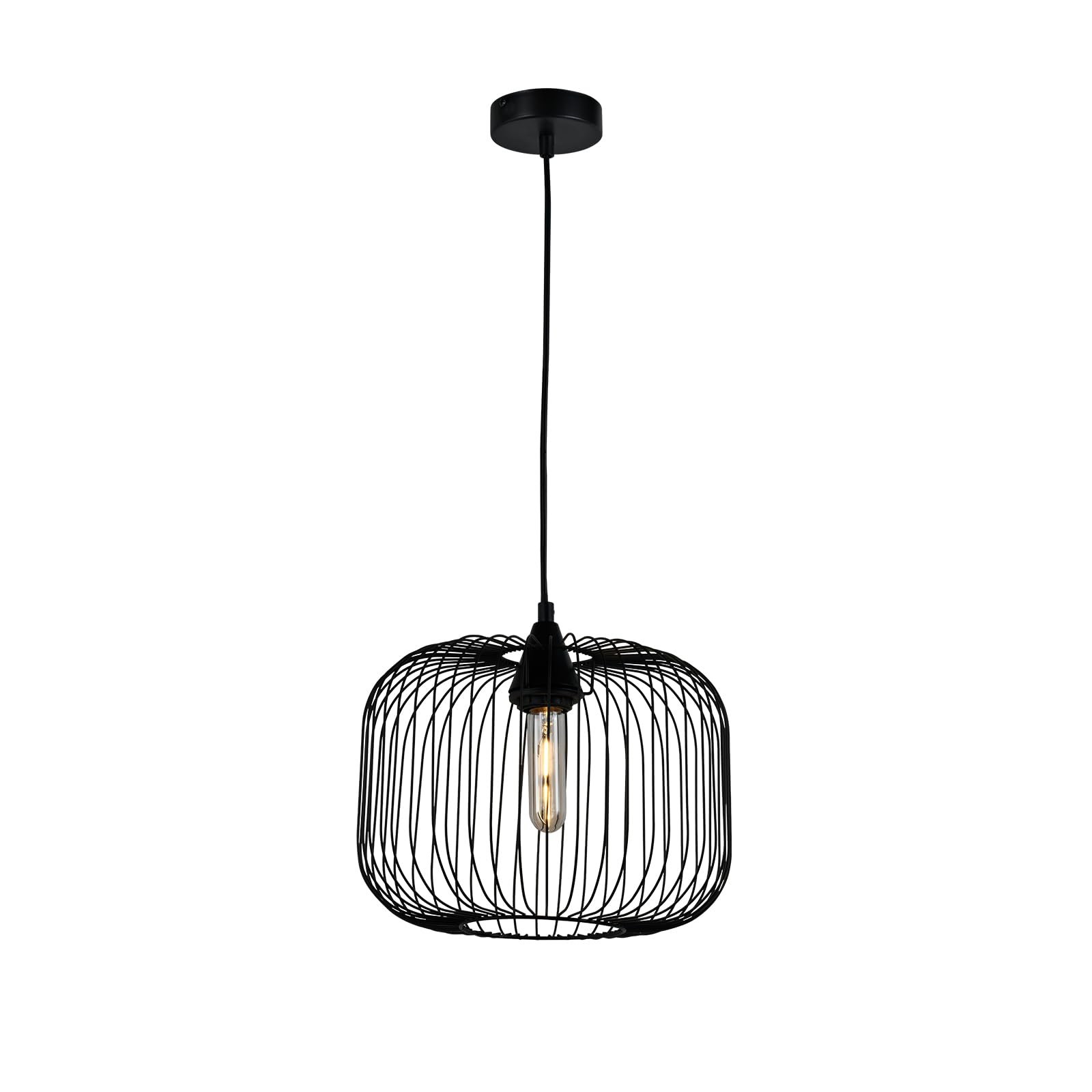 Hängeleuchte mit schwarzem Drahtkäfig und sichtbarer E27-Lampe