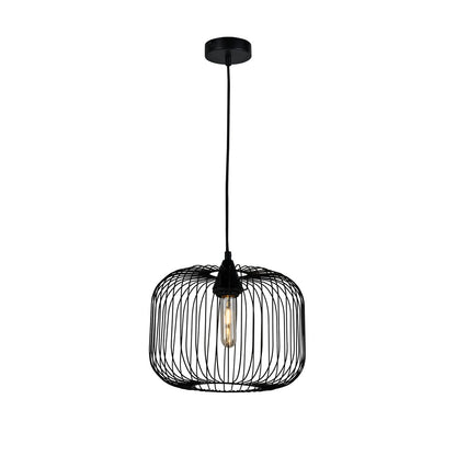 Hängeleuchte mit schwarzem Drahtkäfig und sichtbarer E27-Lampe