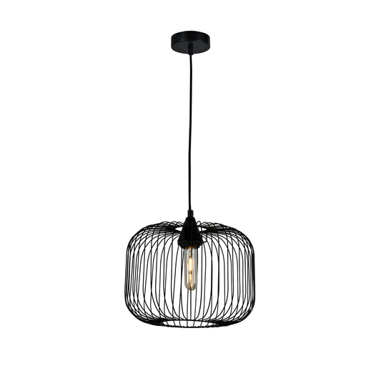Hängeleuchte mit schwarzem Drahtkäfig und sichtbarer E27-Lampe