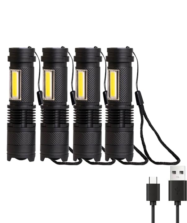 Mini-Taschenlampen-Set: 4 schwarze LED-Taschenlampen mit Trageschnur und USB-Ladekabeln